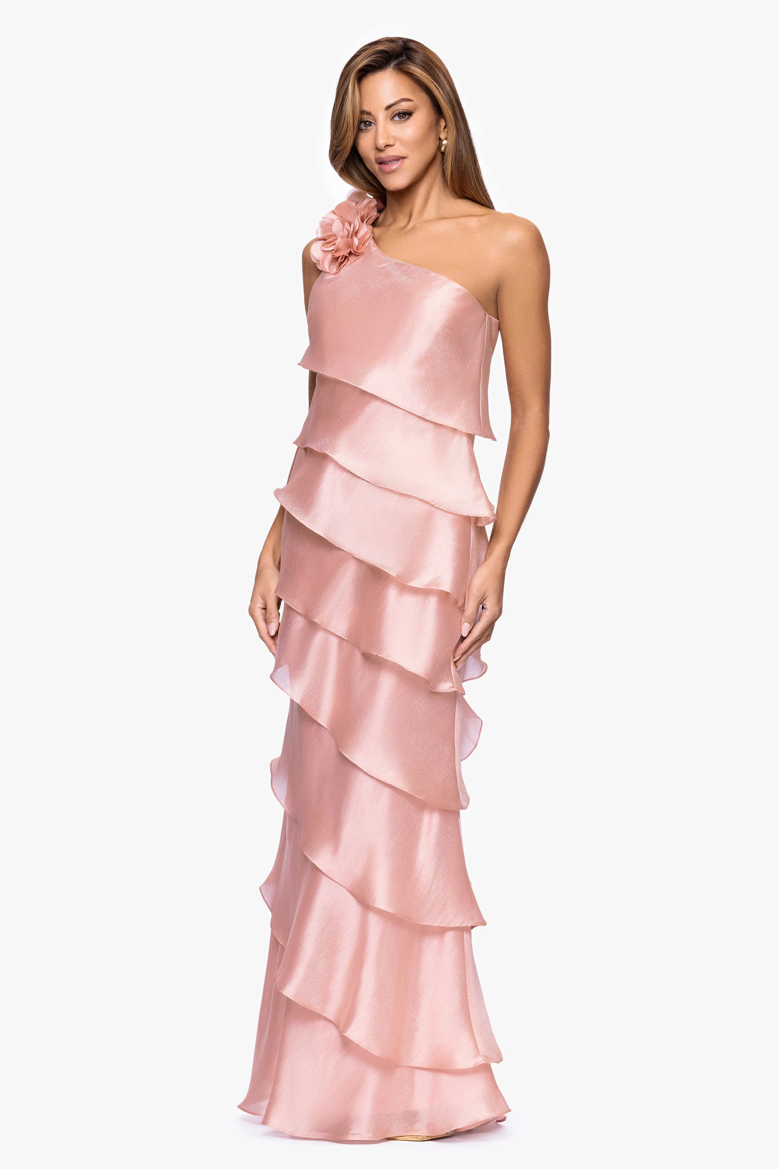 "Rosina" Long Metallic Organza Tiered One-Shoulder Dress sold by Xscape product image thumbnail 4