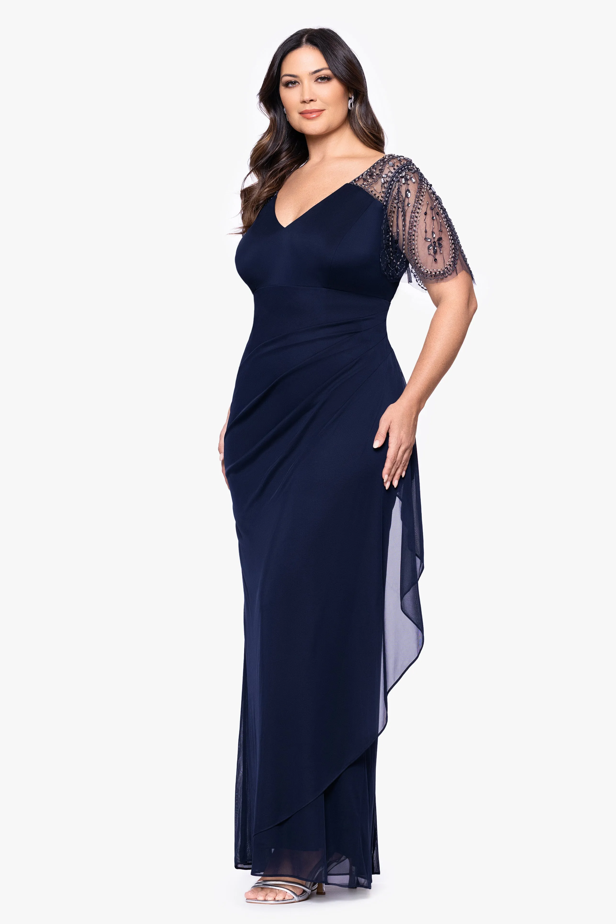 Plus "Lana" Long V-Neck Beaded Flutter Sleeve Dress sold by Xscape product image thumbnail 4