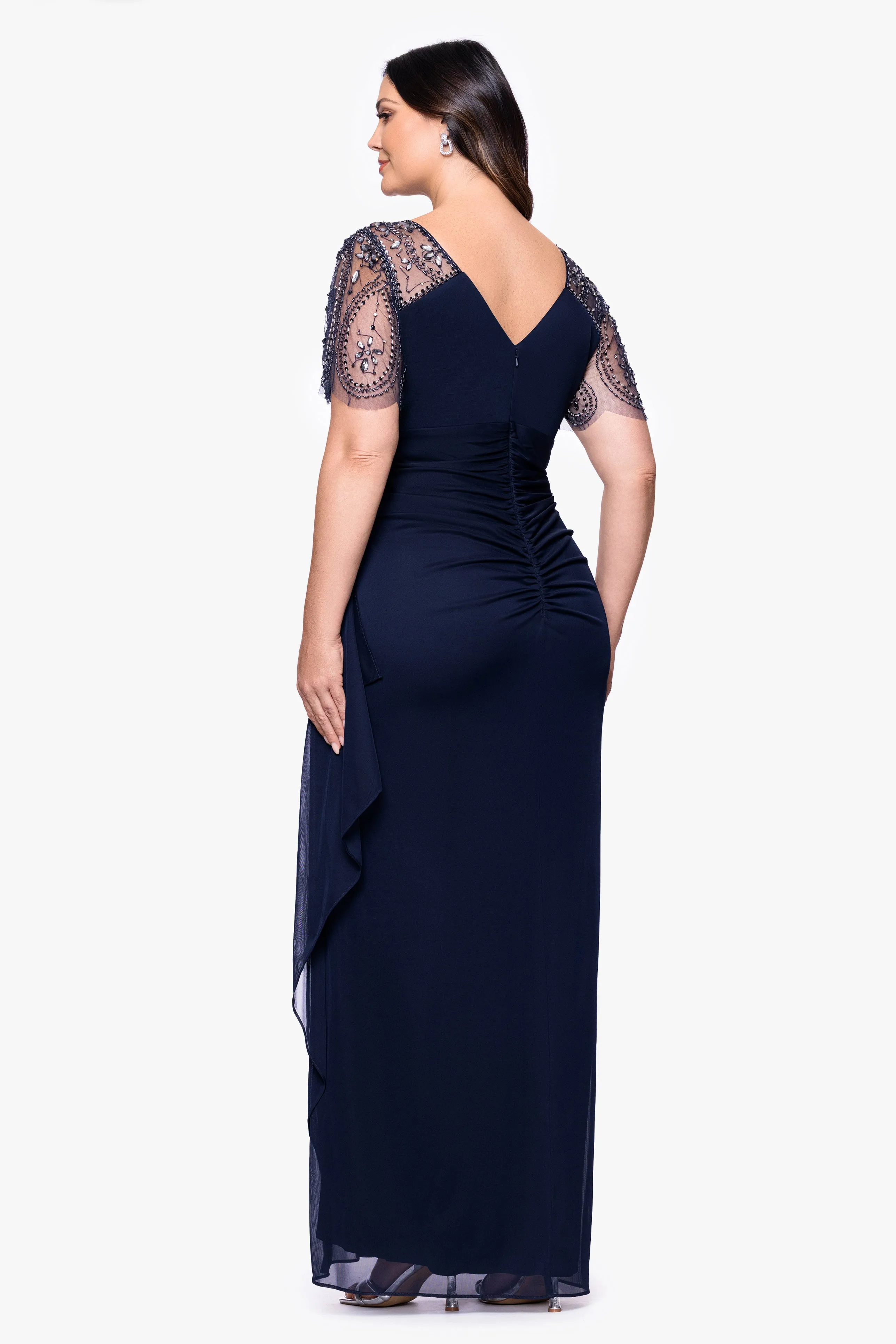 Plus "Lana" Long V-Neck Beaded Flutter Sleeve Dress sold by Xscape product image thumbnail 3