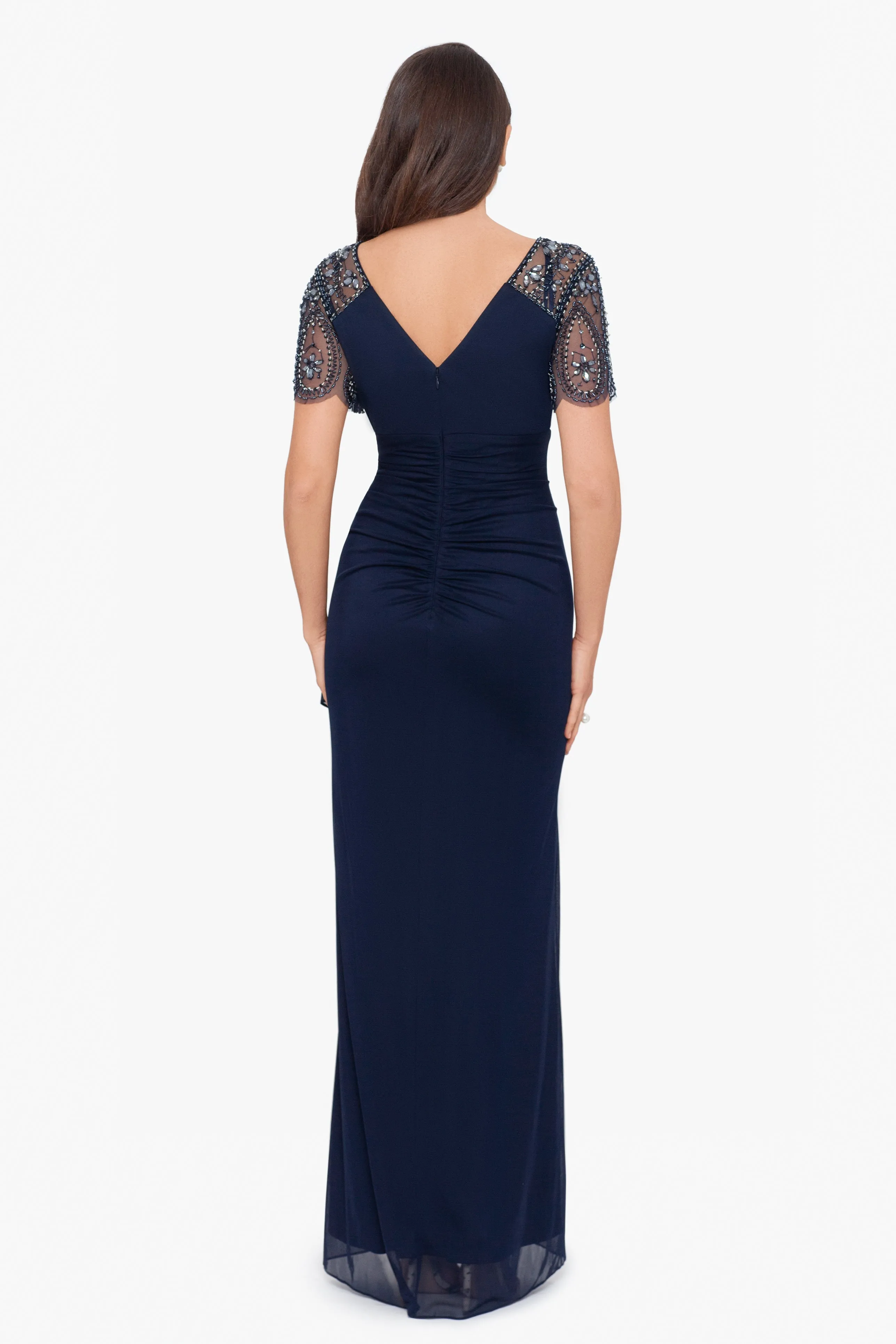 Petite "Lana" Long V-Neck Beaded Flutter Sleeve Dress sold by Xscape product image thumbnail 3