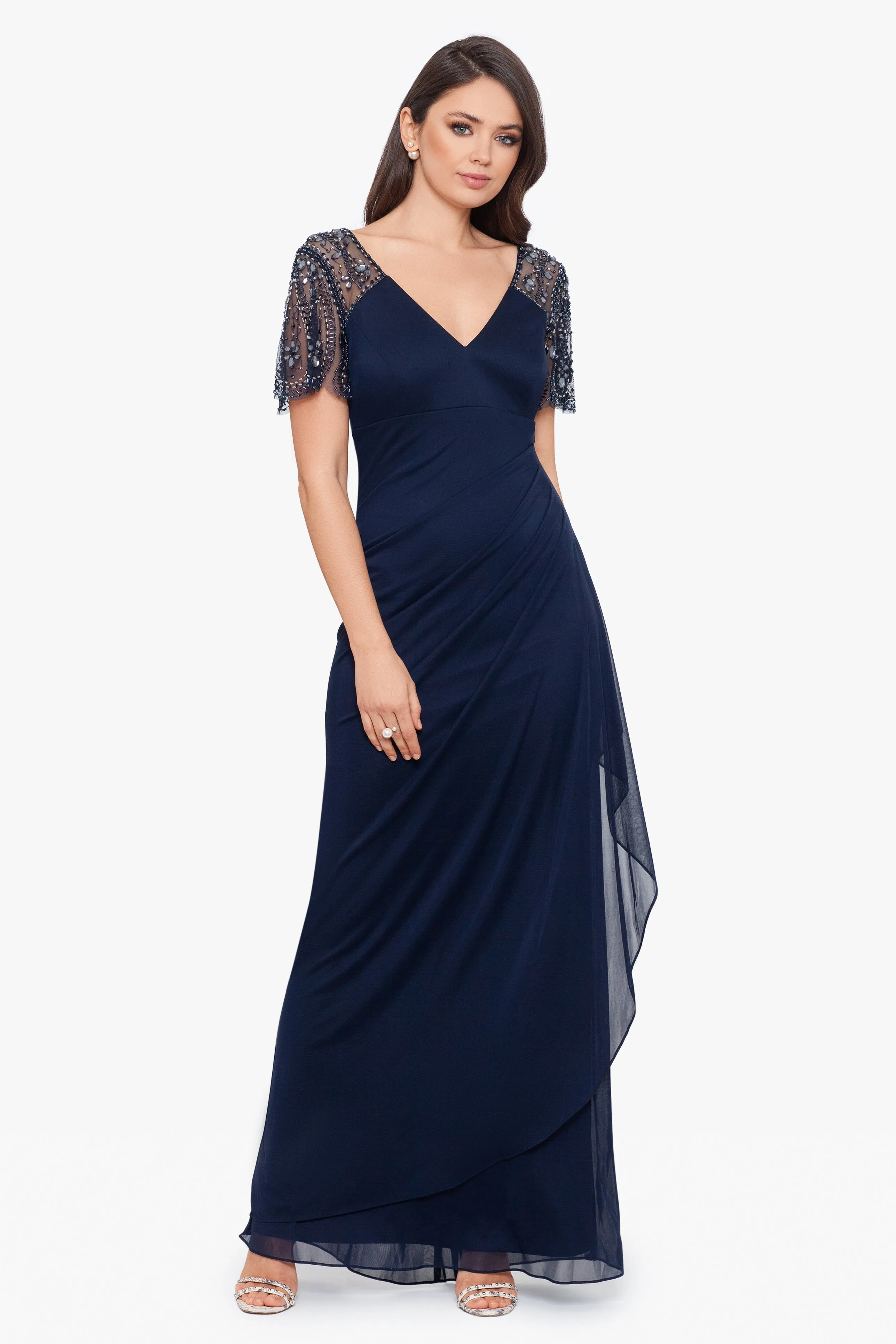 Petite "Lana" Long V-Neck Beaded Flutter Sleeve Dress sold by Xscape product image thumbnail 4