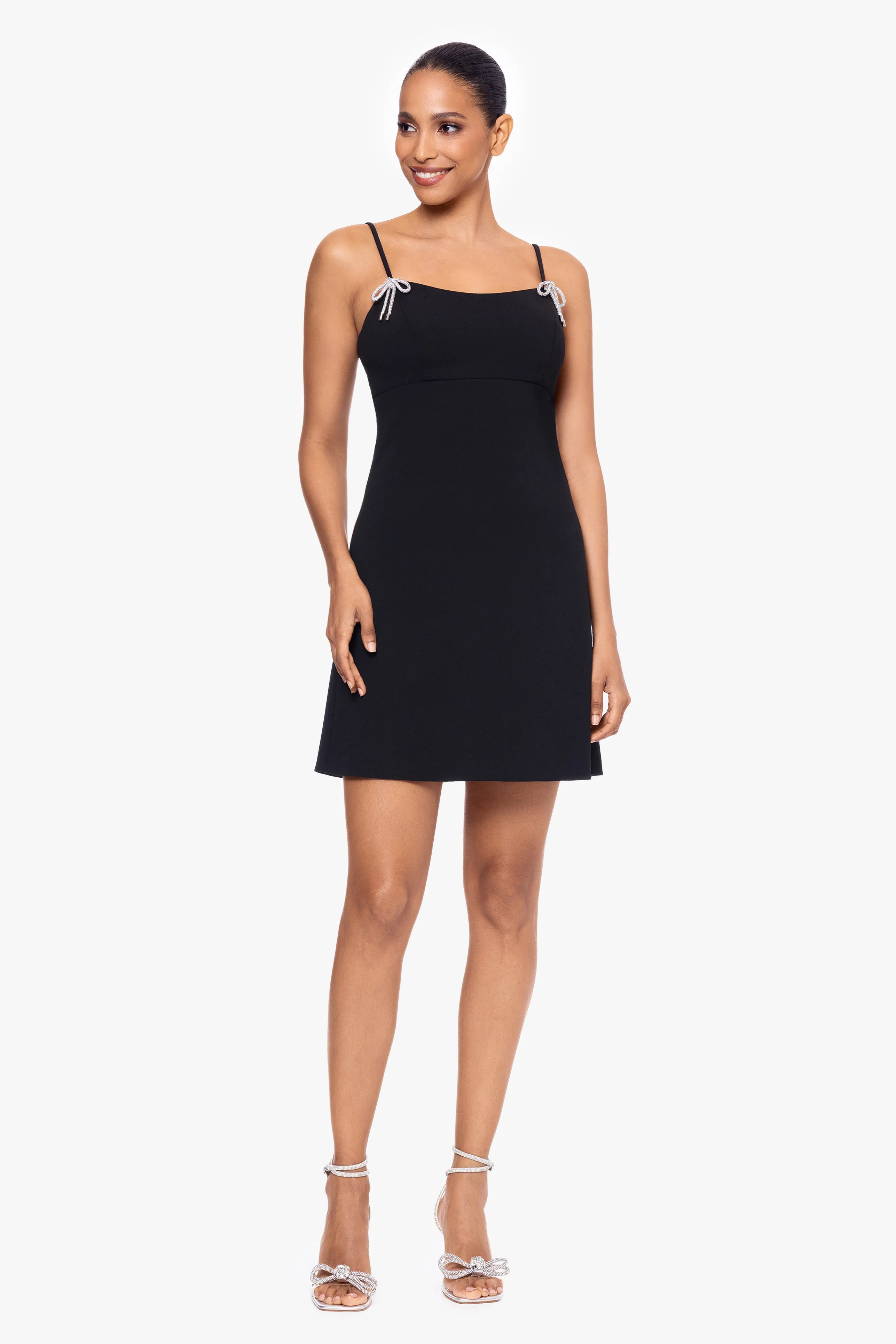 "Bethany" Scuba Crepe Rhinestone Bow Short Dress sold by Xscape