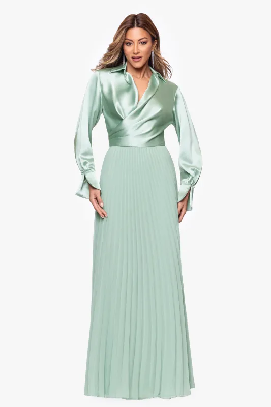 "Brooke" Satin and Chiffon Long Sleeve Floor Length Dress made by Xscape
