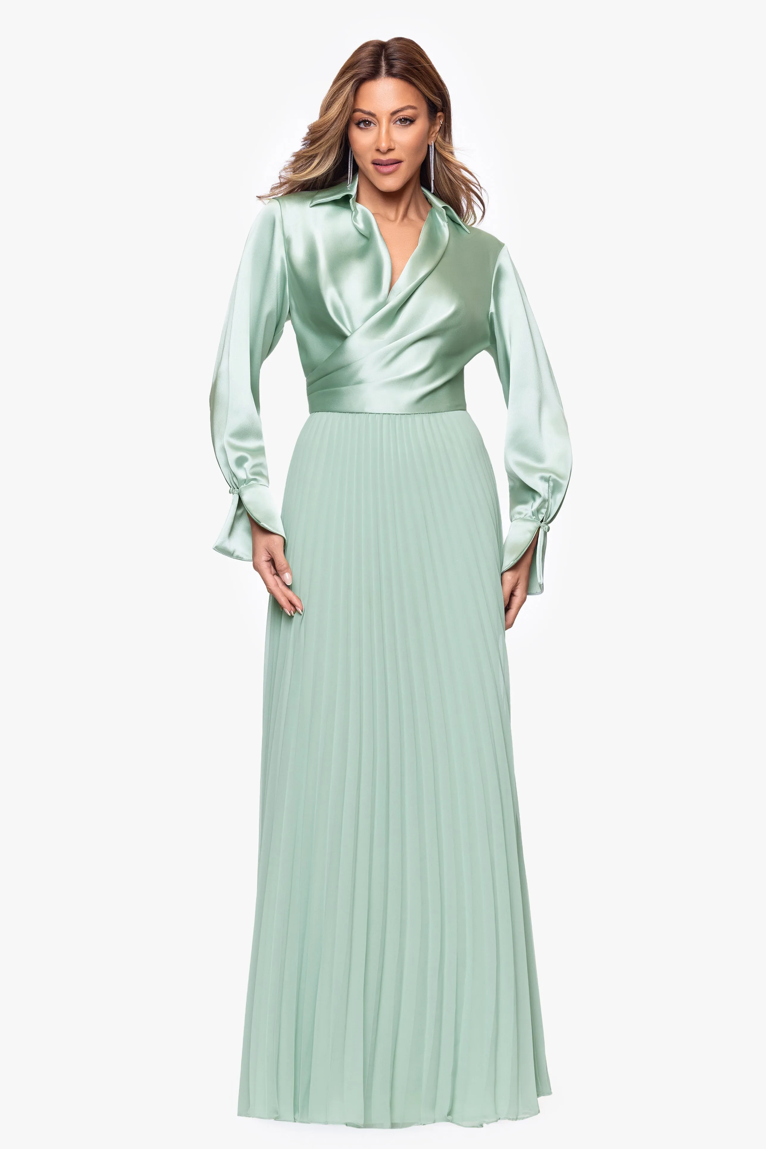 "Brooke" Satin and Chiffon Long Sleeve Floor Length Dress sold by Xscape