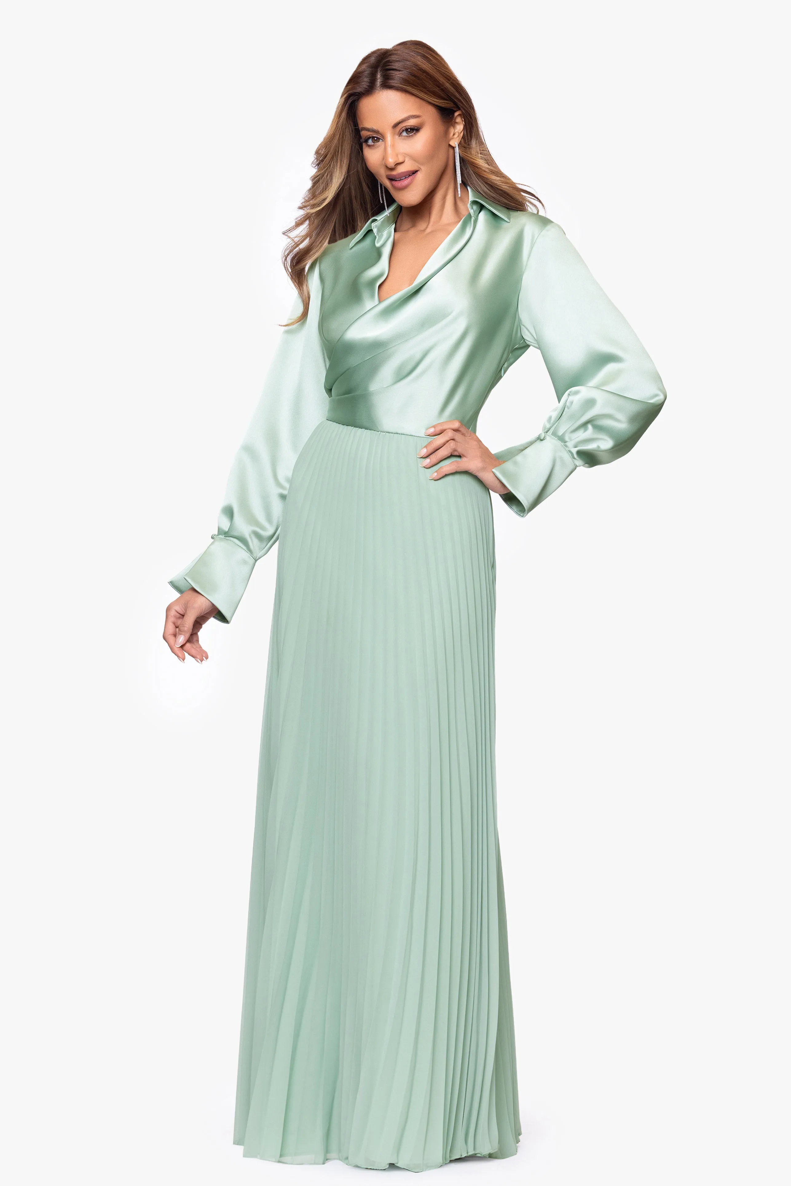 "Brooke" Satin and Chiffon Long Sleeve Floor Length Dress sold by Xscape product image thumbnail 4