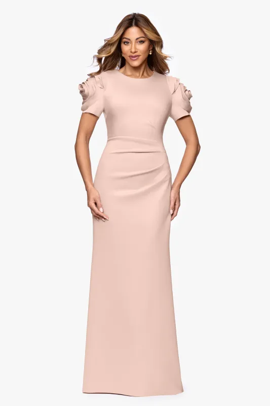 "Cami" Long Scuba Crepe with Flower Shoulder Dress sold by Xscape