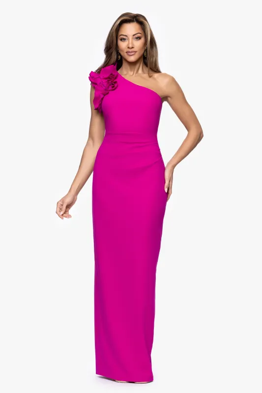 "Harper" Scuba Crepe One Shoulder Ruffle Floor Length Dress sold by Xscape