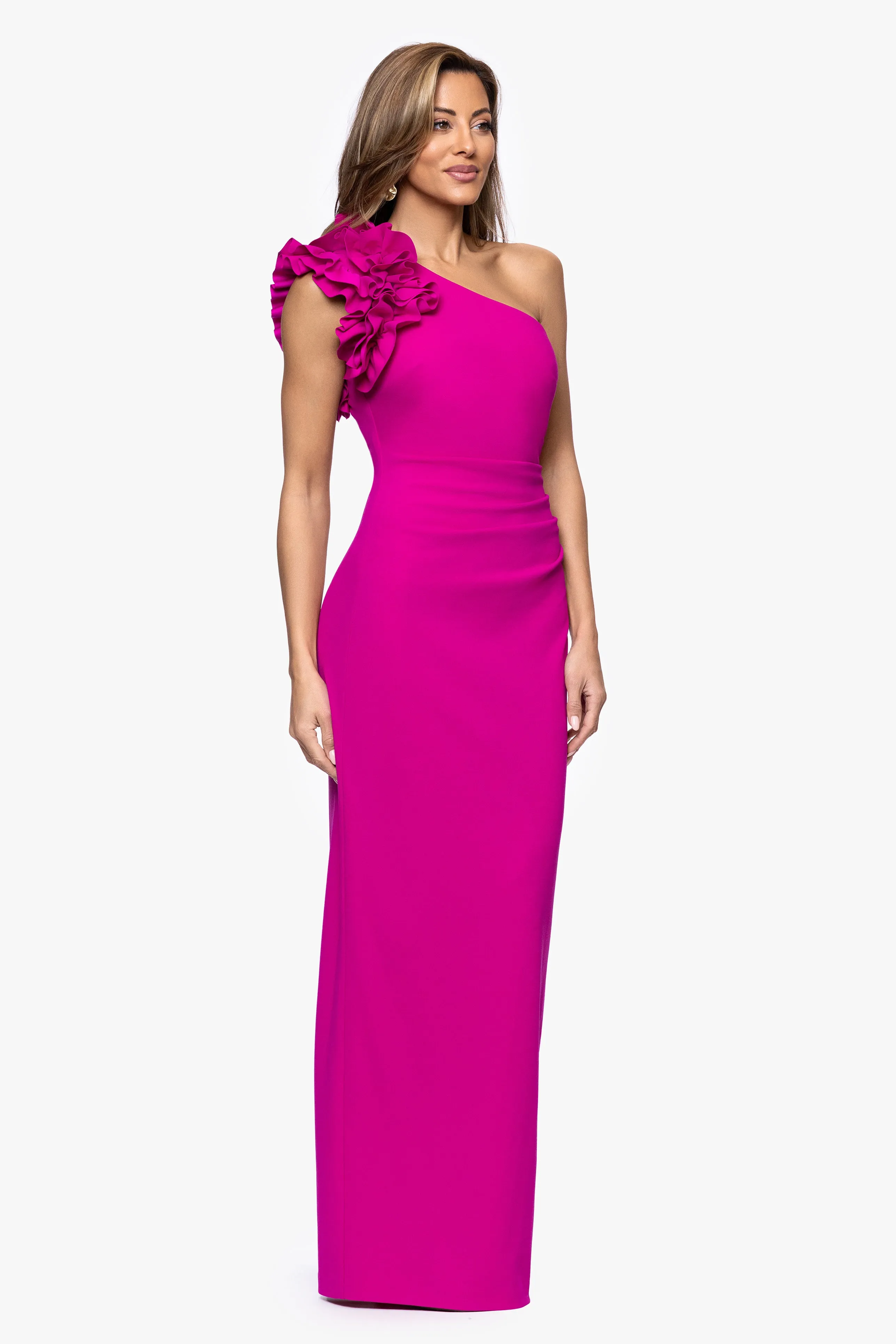 "Harper" Scuba Crepe One Shoulder Ruffle Floor Length Dress sold by Xscape product image thumbnail 3