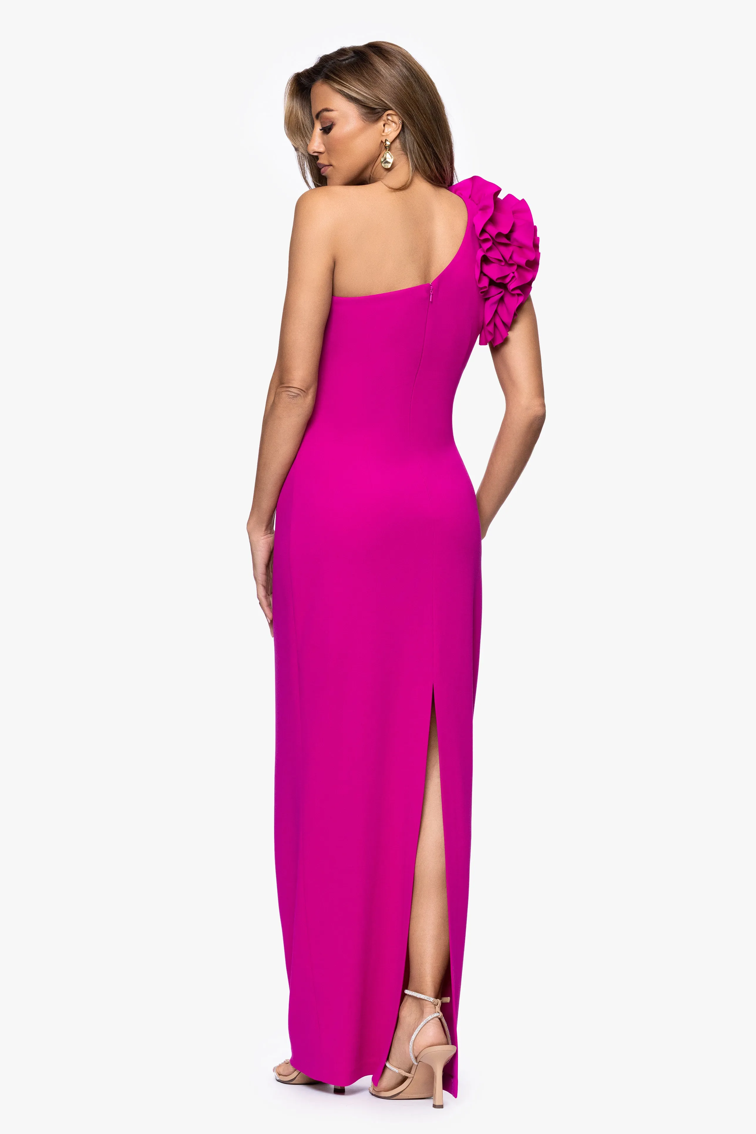 "Harper" Scuba Crepe One Shoulder Ruffle Floor Length Dress sold by Xscape product image thumbnail 4