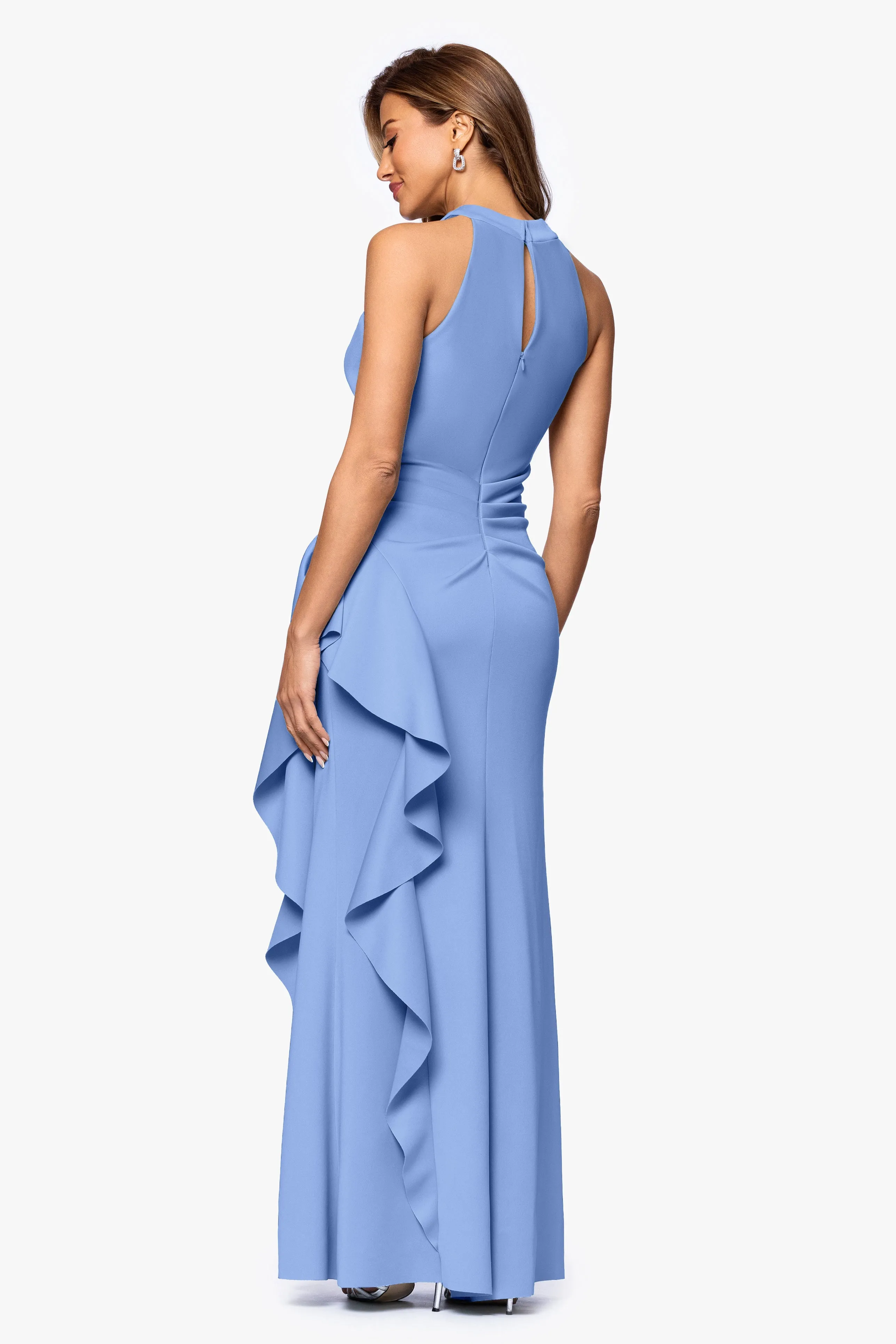 Petite "Gigi" Techno Scuba Cross Neck Ruffle Floor Length Dress sold by Xscape product image thumbnail 3