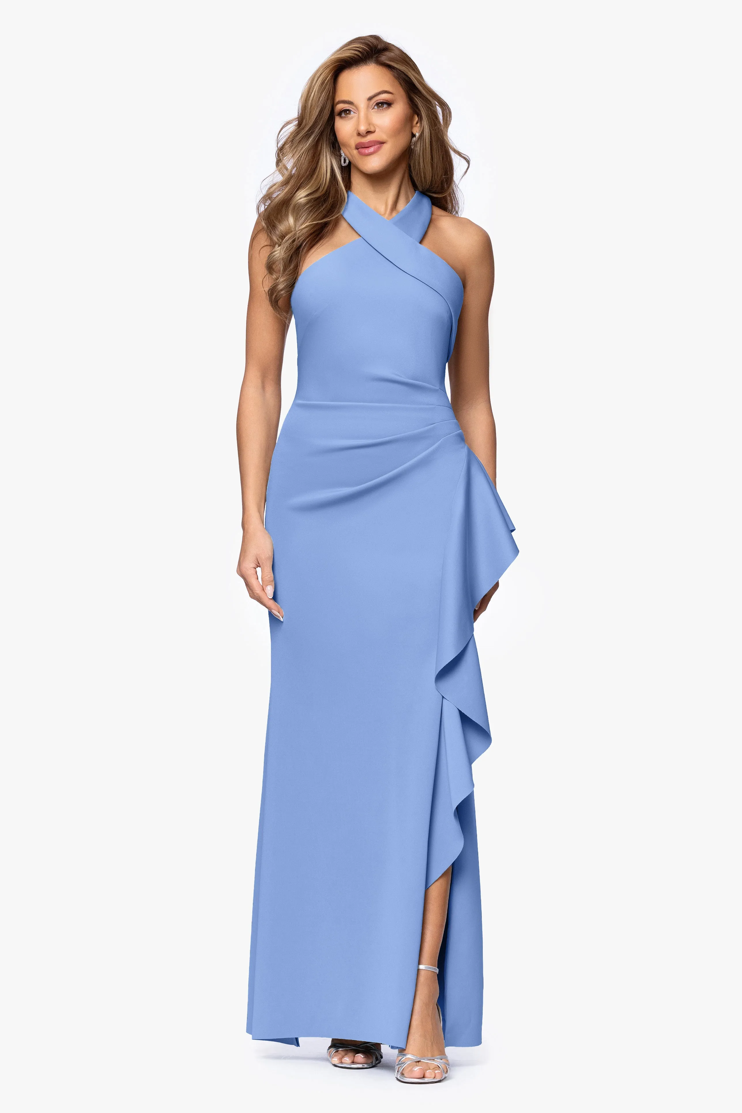 Petite "Gigi" Techno Scuba Cross Neck Ruffle Floor Length Dress sold by Xscape product image thumbnail 4