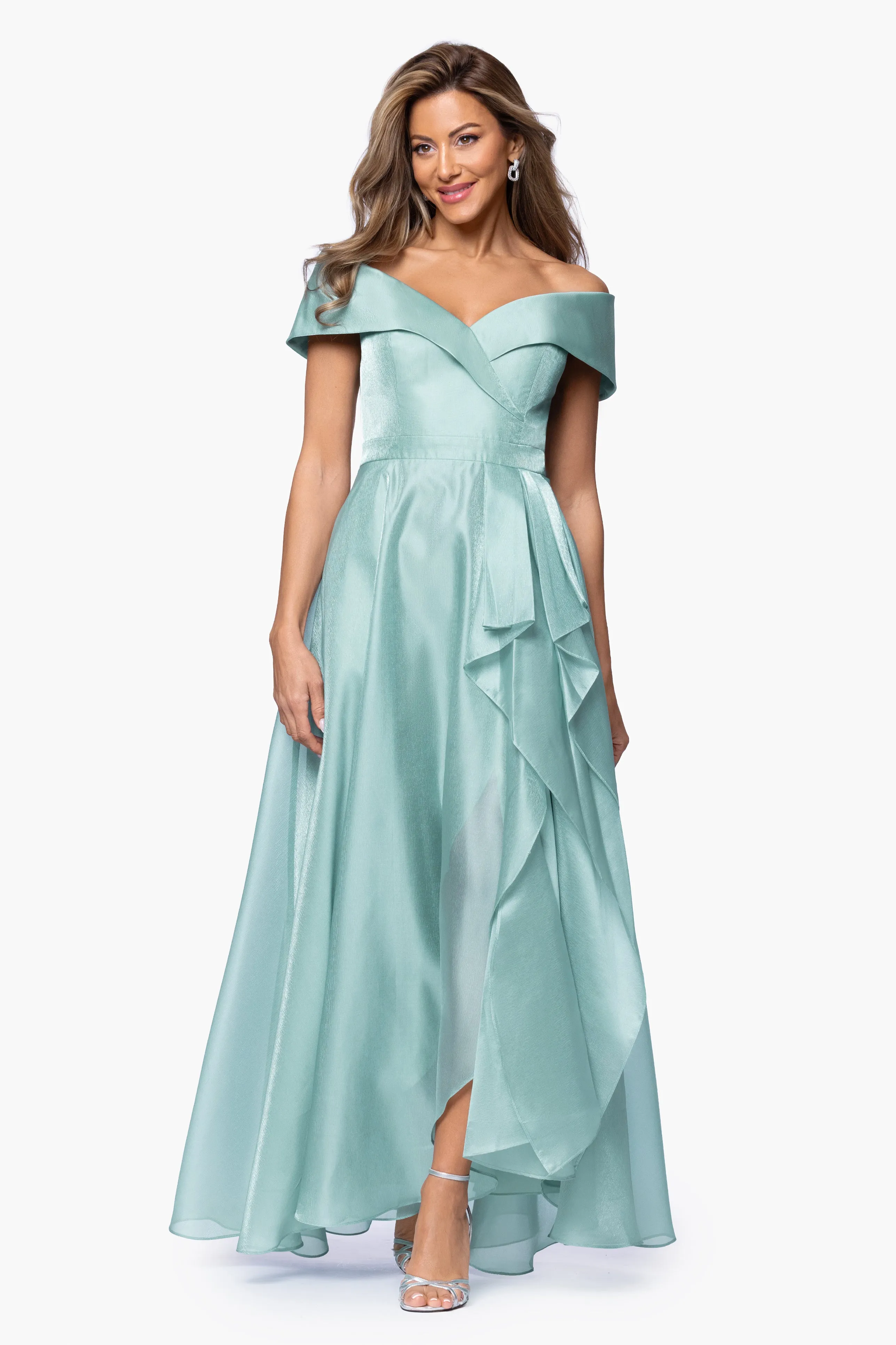 "Gina" Organza Off the Shoulder Ruffle Floor Length Dress sold by Xscape