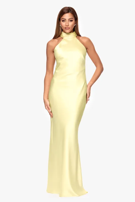 "Ruth" Satin High Tie Neck Backless Floor Length Dress sold by Xscape