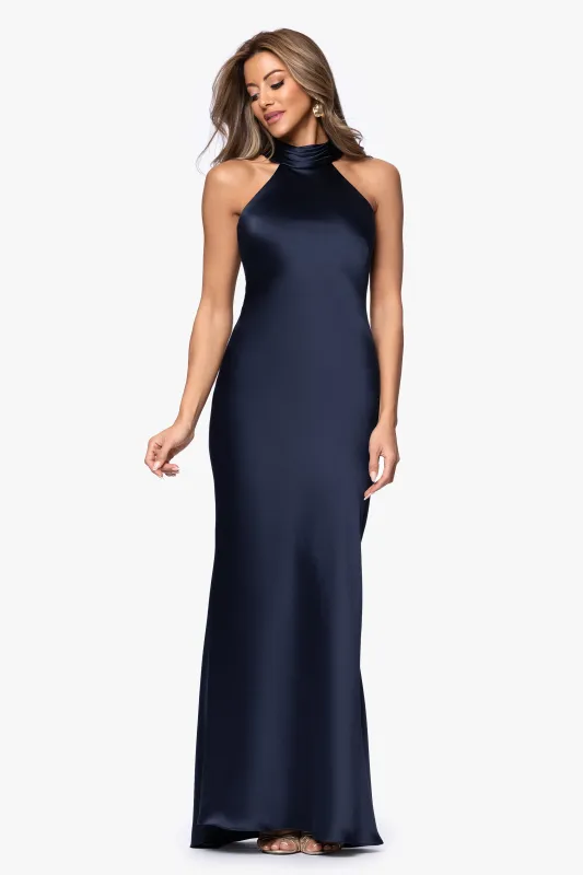 "Ruth" Satin High Tie Neck Backless Floor Length Dress sold by Xscape