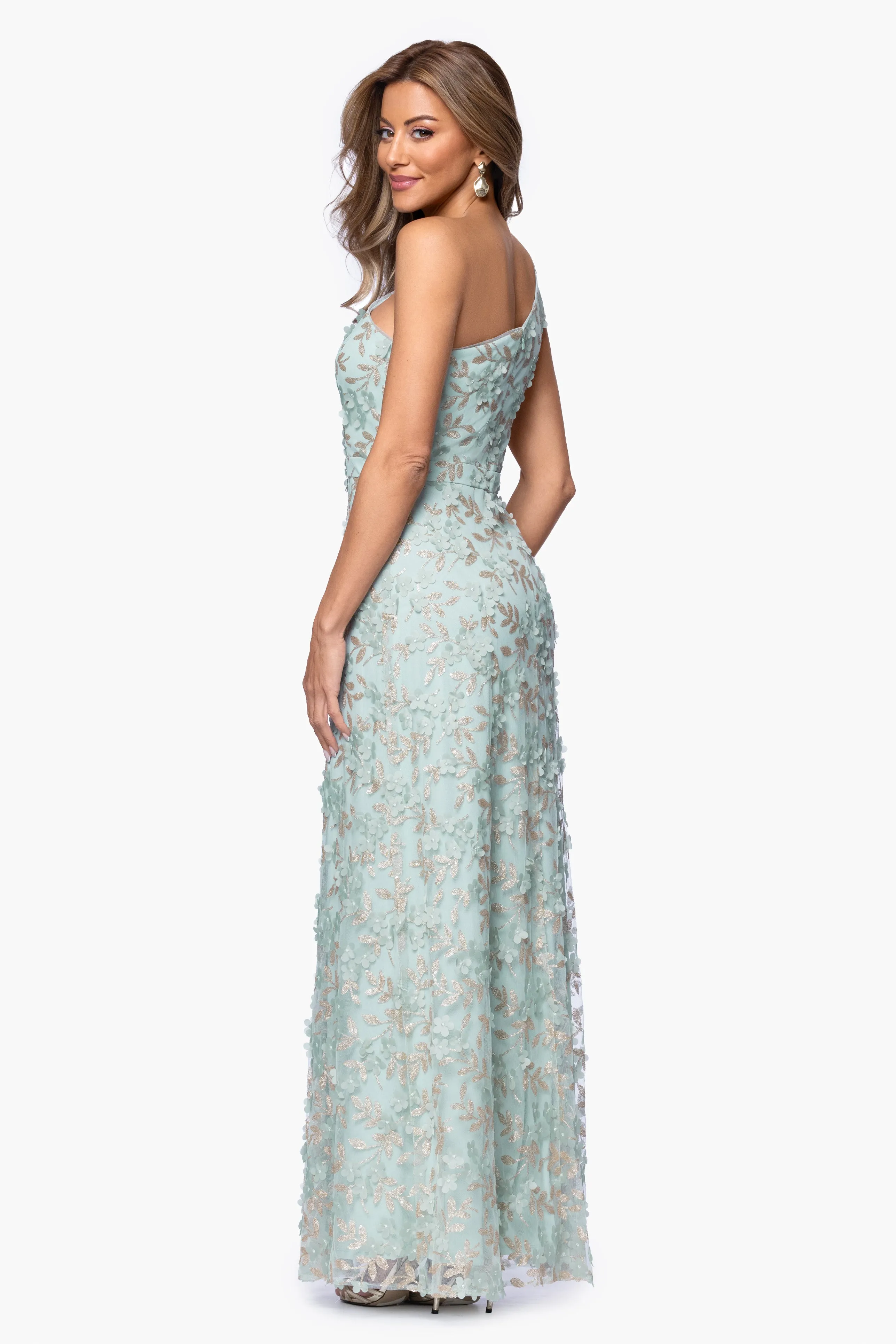 "Irina" 3D Flower One Shoulder Floor Length Dress sold by Xscape product image thumbnail 3