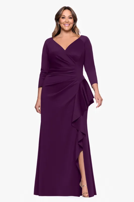 Plus "Amber" Techno Scuba 3/4 Sleeve V-Neck Ruffle Floor Length Dress sold by Xscape