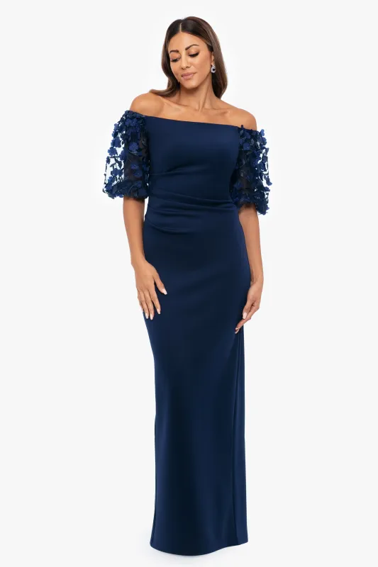 "Bernice" Techno Scuba 3D Floral Sleeve Floor Length dress sold by Xscape