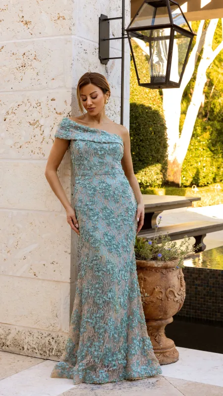 Petite "Ginny" Soutache Lace Off the Shoulder Floor Length Dress sold by Xscape