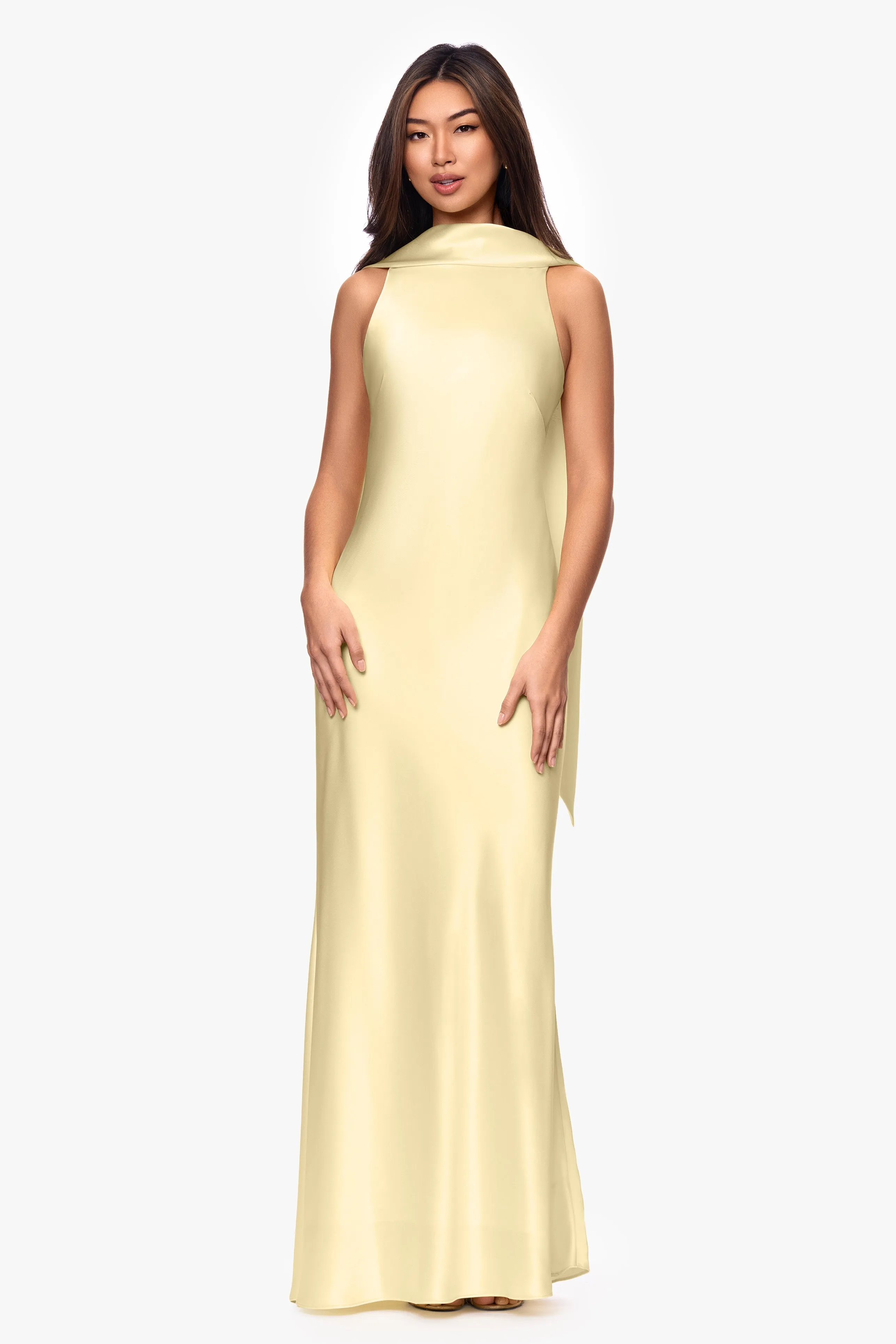 "Mackenzie" Satin Back Sash Floor Length Dress sold by Xscape
