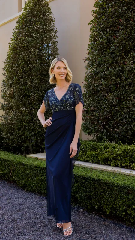 "Giselle" Sheer Jersey Beaded V-Neck Floor Length Dress sold by Xscape