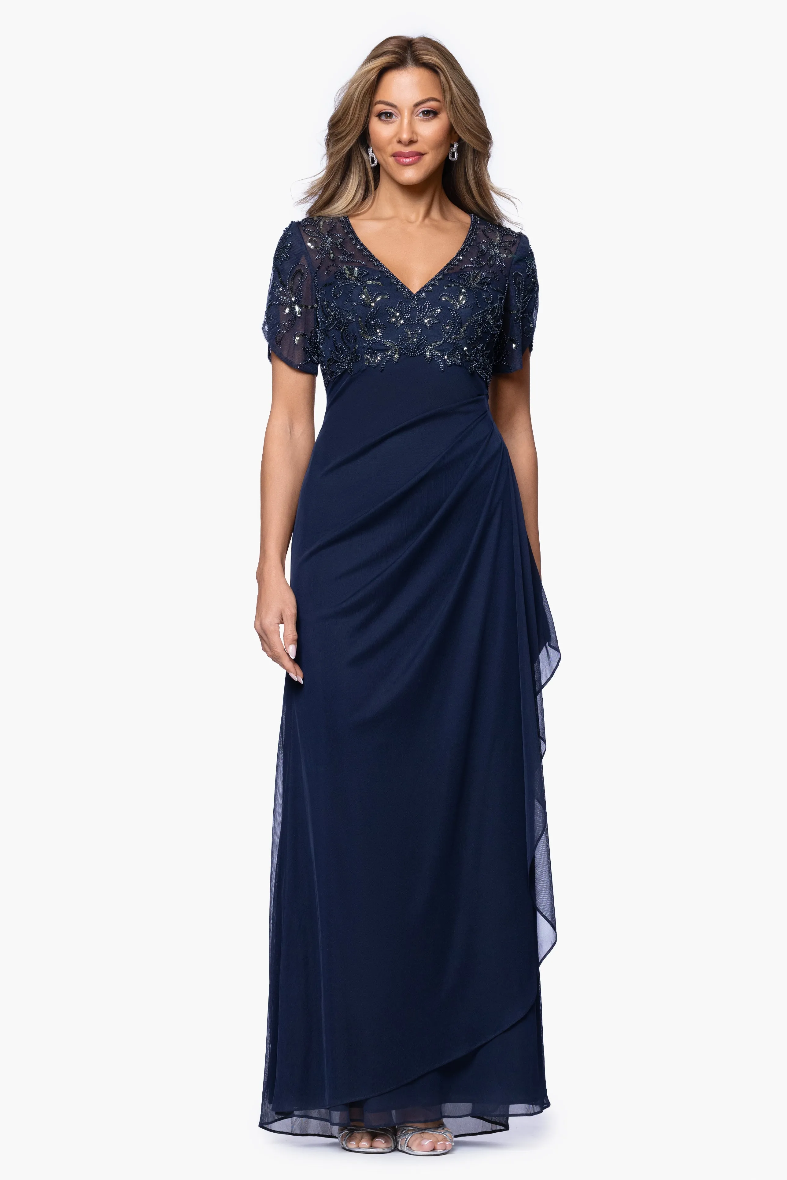 "Giselle" Sheer Jersey Beaded V-Neck Floor Length Dress sold by Xscape product image thumbnail 2