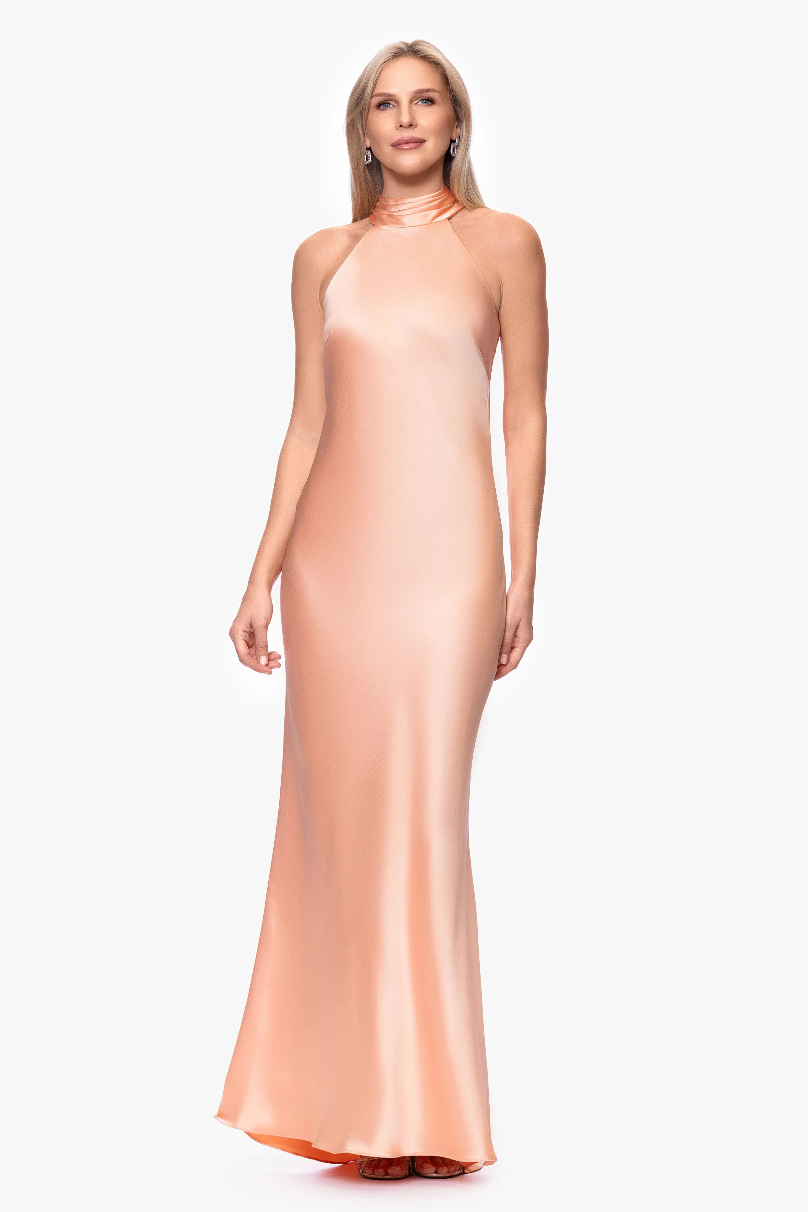 "Ruth" Satin High Tie Neck Backless Floor Length Dress sold by Xscape