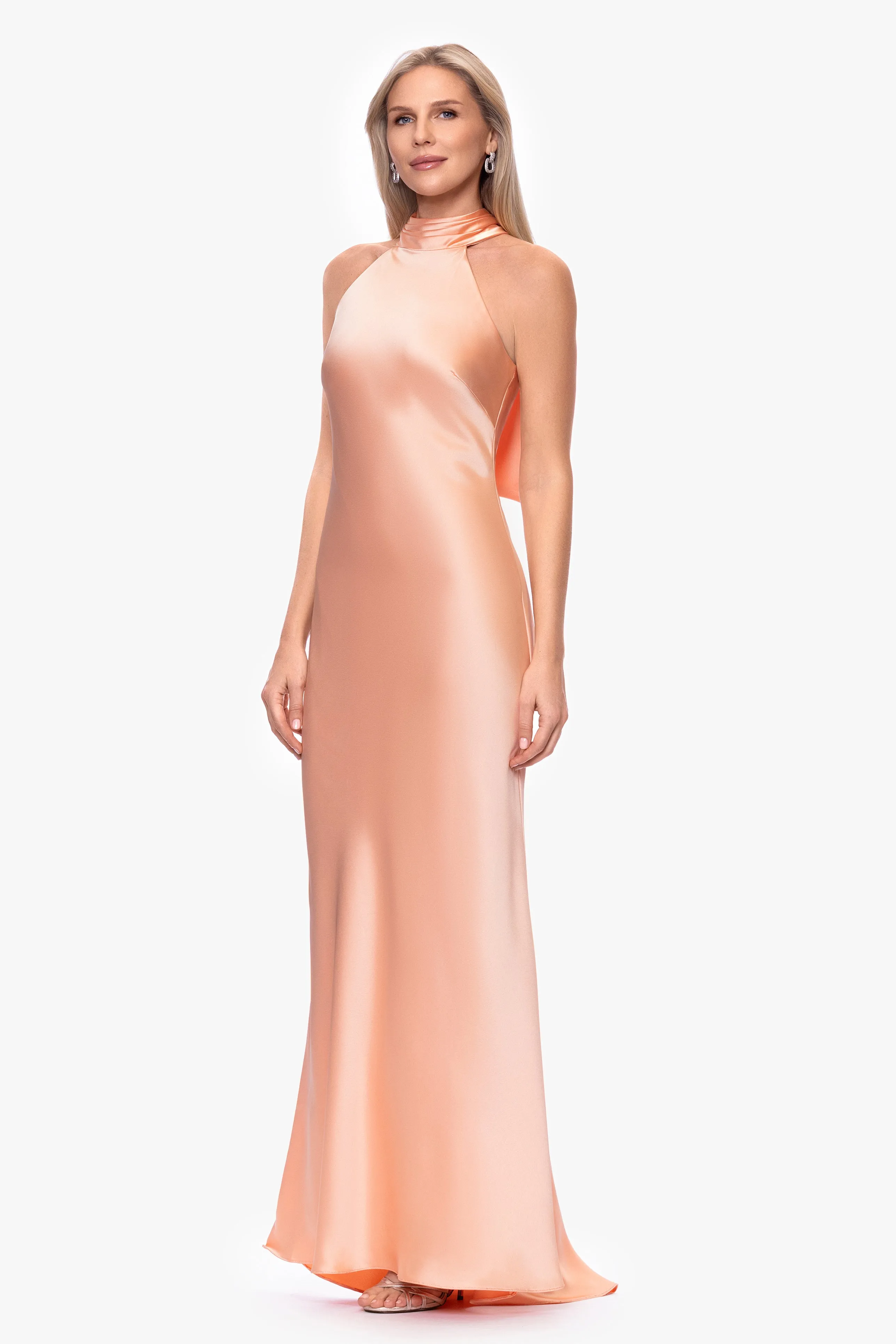 "Ruth" Satin High Tie Neck Backless Floor Length Dress sold by Xscape product image thumbnail 4