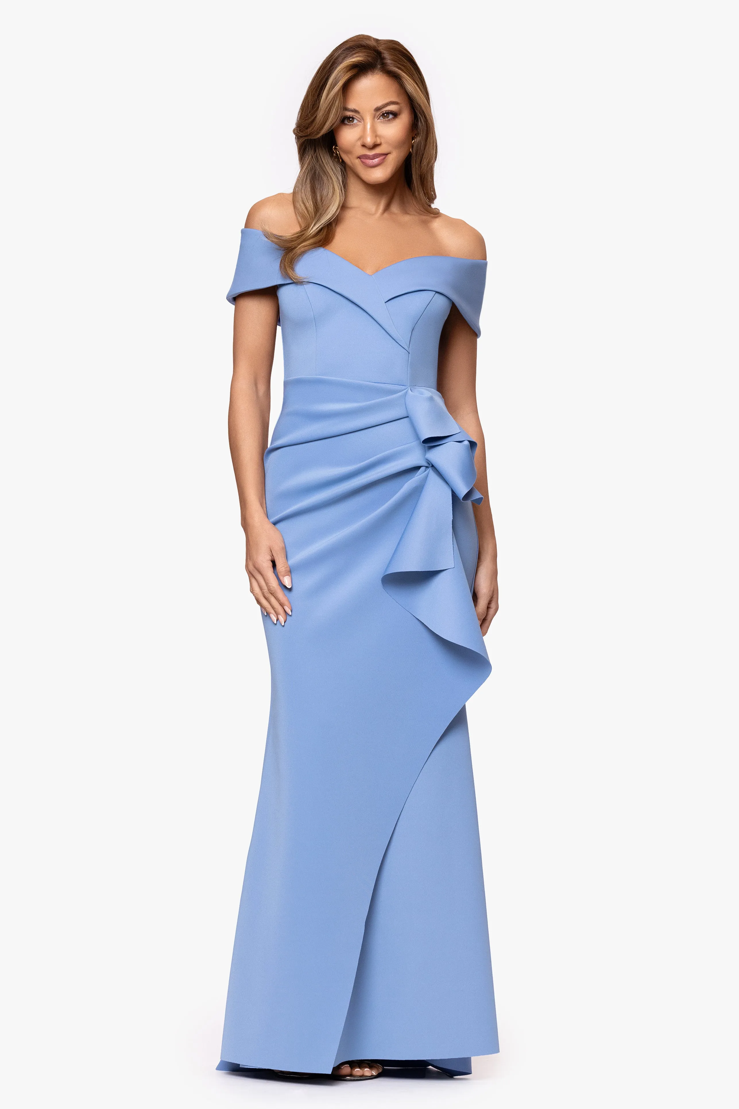 "Patti" Long Off the Shoulder Techno Scuba Dress sold by Xscape