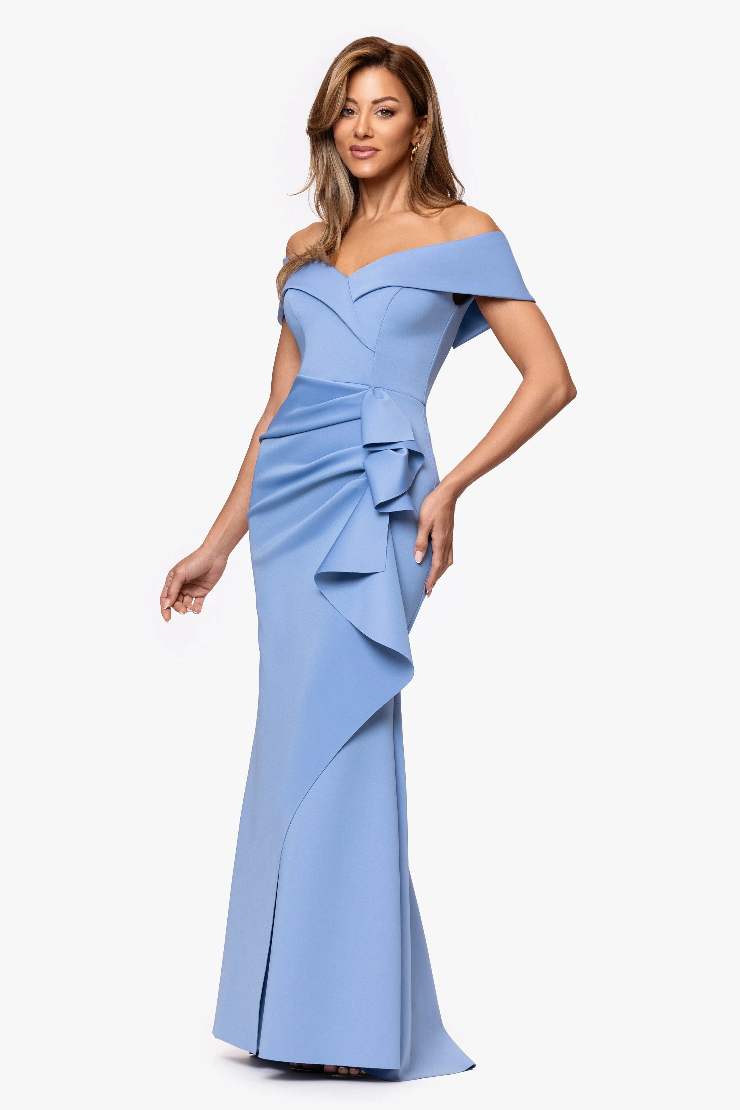 "Patti" Long Off the Shoulder Techno Scuba Dress sold by Xscape product image thumbnail 4