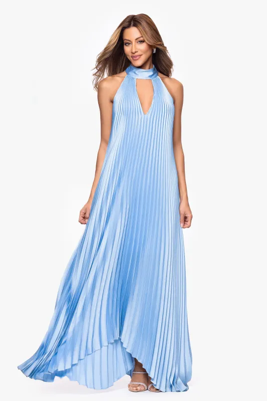 "Rebecca" Satin Pleated Halter Mock Neck Floor Length Dress made by Xscape