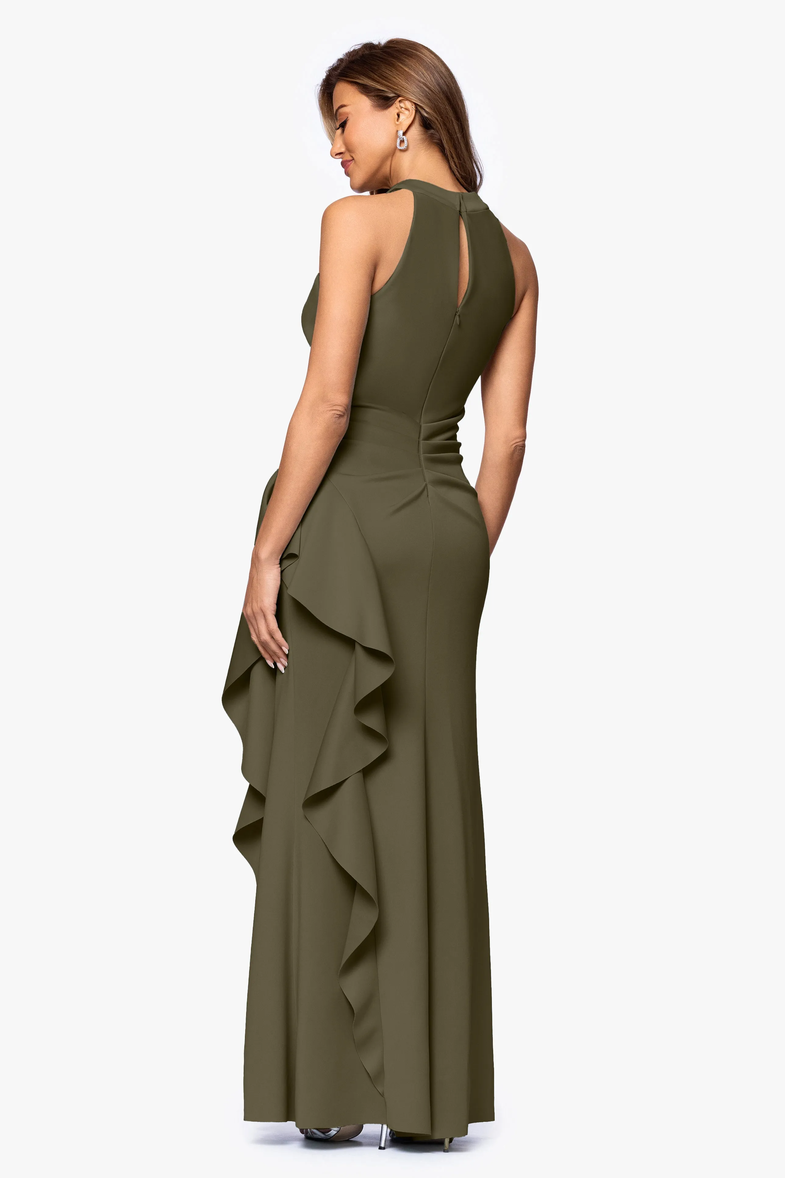 "Gigi" Techno Scuba Cross Neck Ruffle Floor Length Dress sold by Xscape product image thumbnail 3