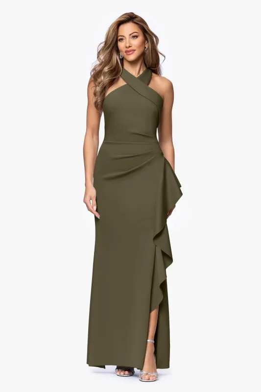 "Gigi" Techno Scuba Cross Neck Ruffle Floor Length Dress made by Xscape