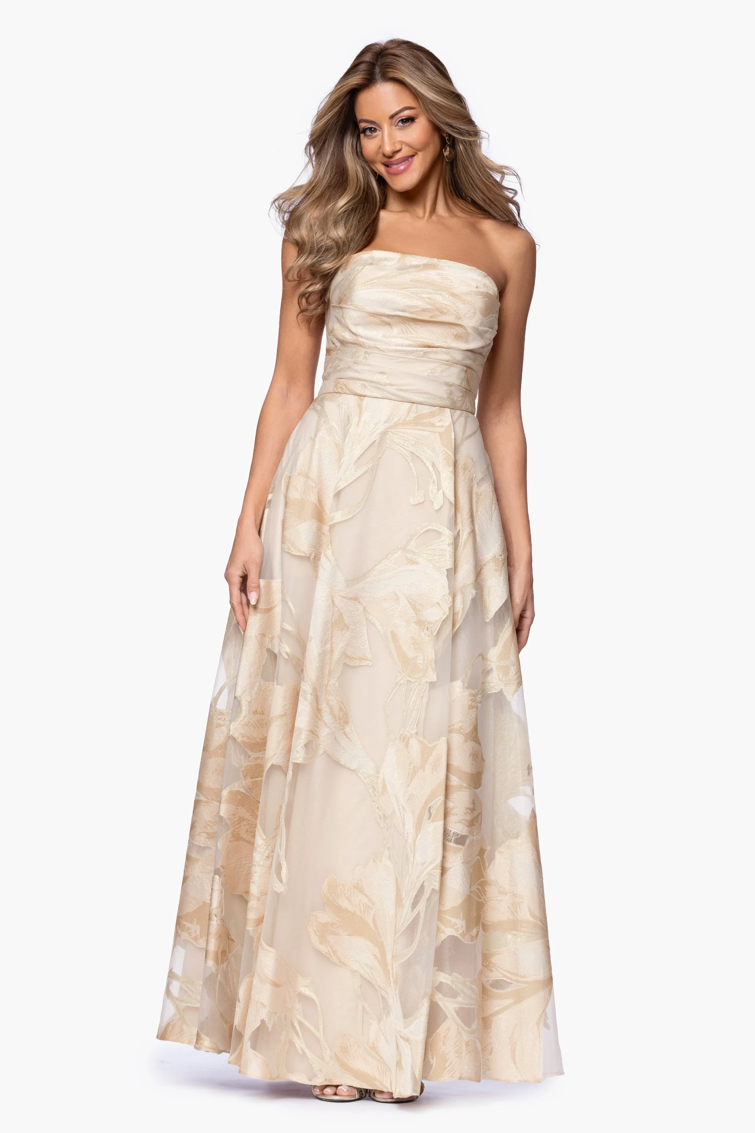 "Shania" Jacquard Strapless Floor Length Dress sold by Xscape
