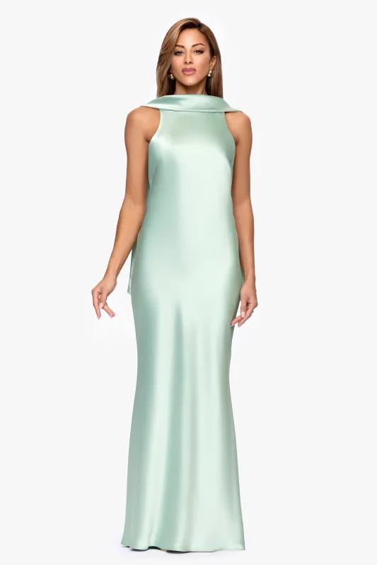 "Mackenzie" Satin Back Sash Floor Length Dress made by Xscape