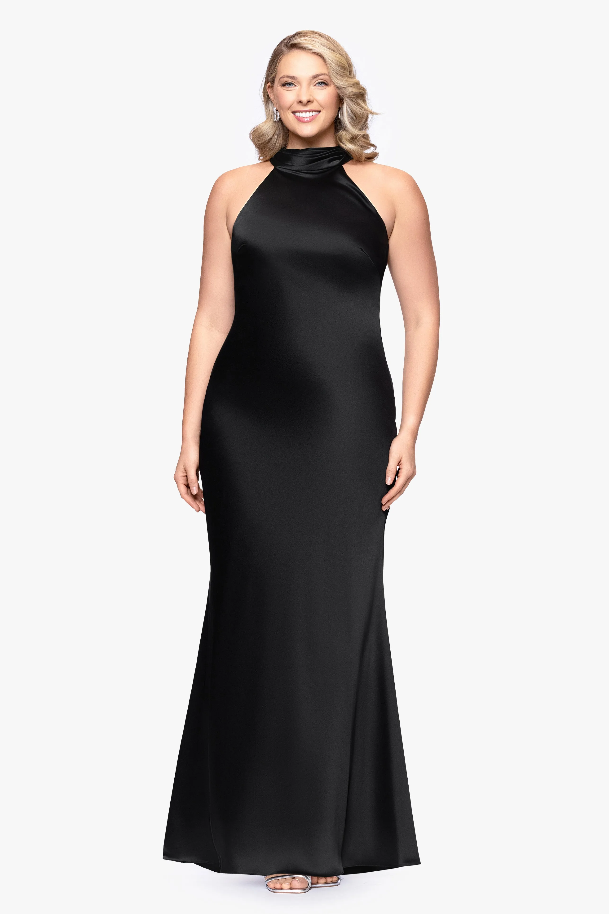 Petite "Ruth" Satin High Tie Neck Backless Floor Length Dress sold by Xscape product image thumbnail 5