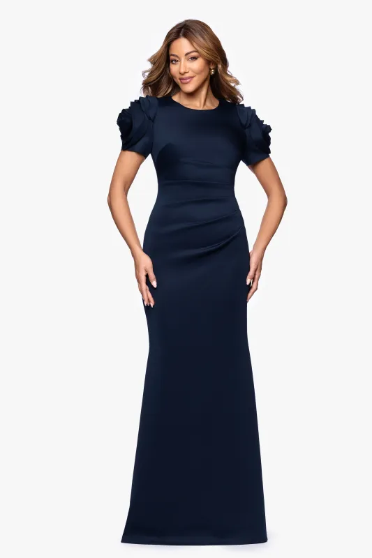 "Cami" Long Scuba Crepe with Flower Shoulder Dress made by Xscape