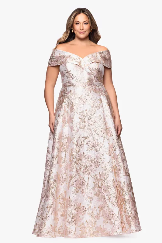 Plus "Melissa" Brocade Off the Shoulder V-Neck Ballgown sold by Xscape