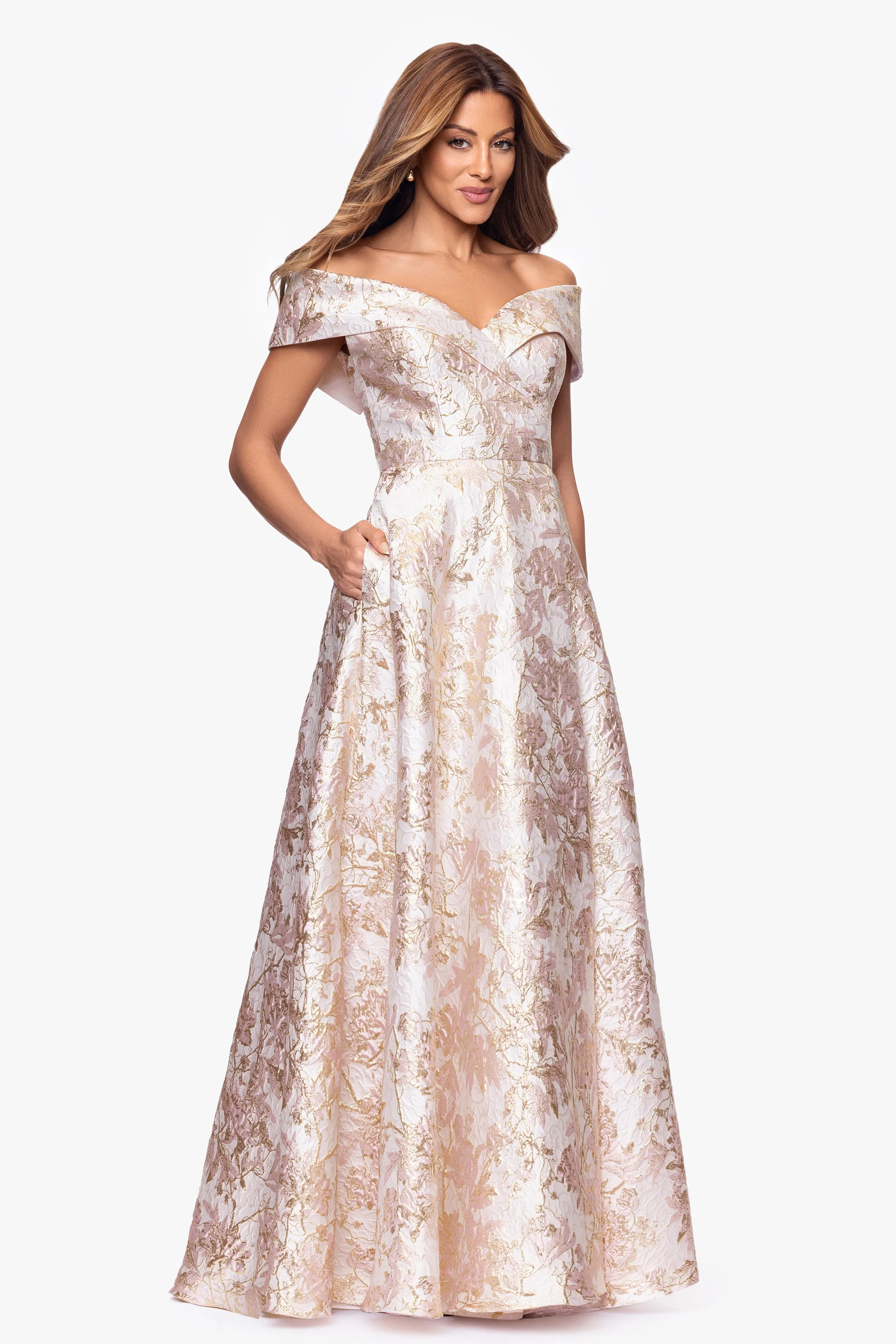 Petite "Melissa" Brocade Off the Shoulder V-Neck Ballgown sold by Xscape product image thumbnail 4