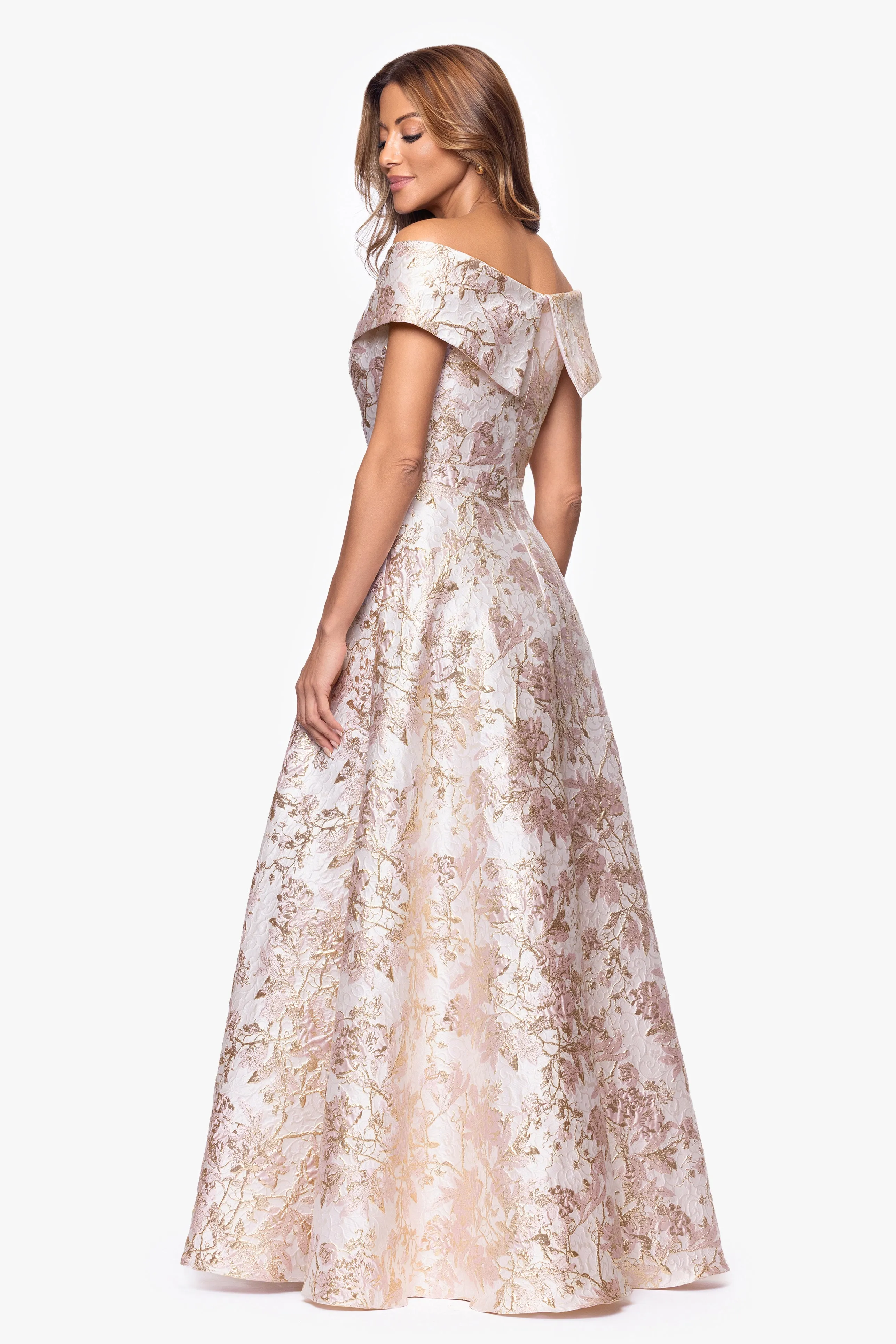 Petite "Melissa" Brocade Off the Shoulder V-Neck Ballgown sold by Xscape product image thumbnail 3