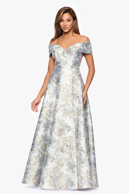 "Melissa" Brocade Off the Shoulder V-Neck Ballgown sold by Xscape