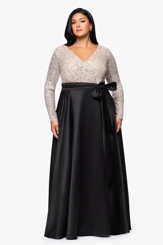 Plus "Dixie" V-Neck Long Sleeve Sequin Top Waistband with Bow Gown sold by Xscape