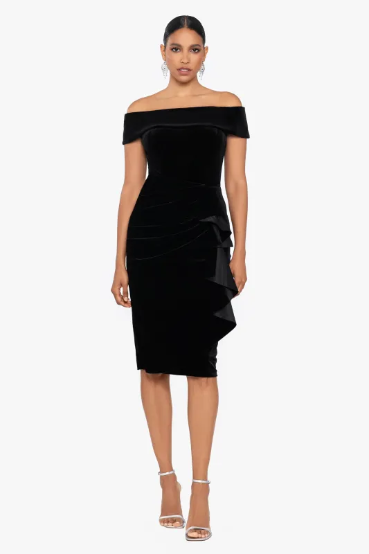 "Cassandra" Off the Shoulder Velvet Ruffle Knee Length Dress made by Xscape