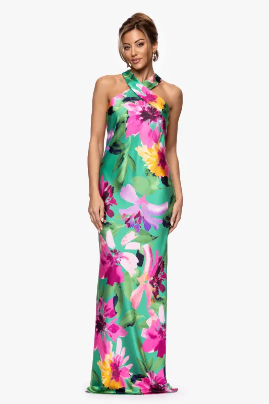 "Tamra" Print Halter Neck Floor Length Dress sold by Xscape