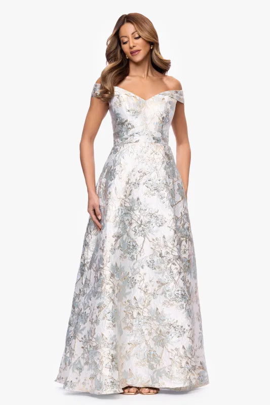 "Sammi" Brocade Off the Shoulder Floor Length Dress sold by Xscape
