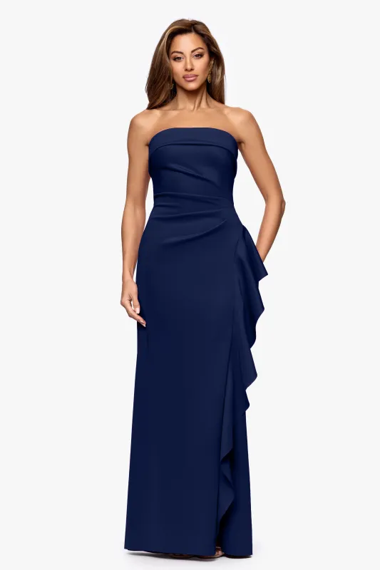 Petite "Jacqueline" Techno Scuba Strapless Ruffle Floor Length Dress sold by Xscape