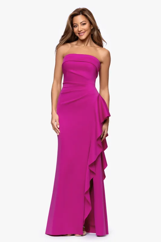 Petite "Jacqueline" Techno Scuba Strapless Ruffle Floor Length Dress made by Xscape