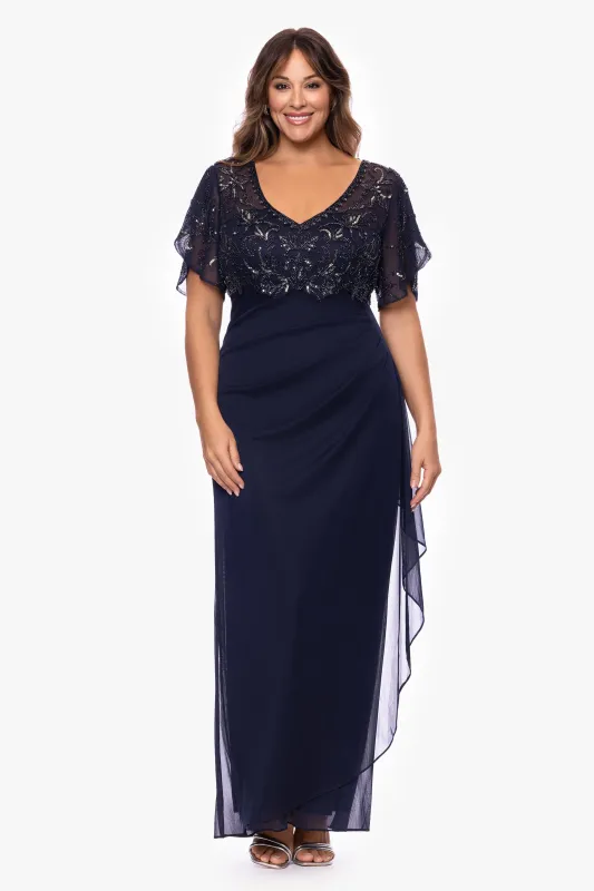 Plus "Giselle" Sheer Jersey Beaded V-Neck Floor Length Dress sold by Xscape