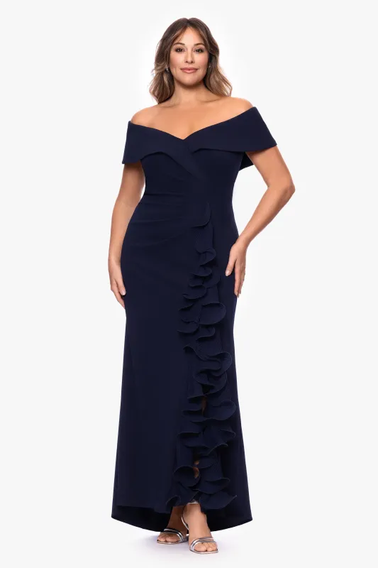 Plus "Sara" Scuba Crepe with Chiffon Ruffle Floor Length Dress sold by Xscape