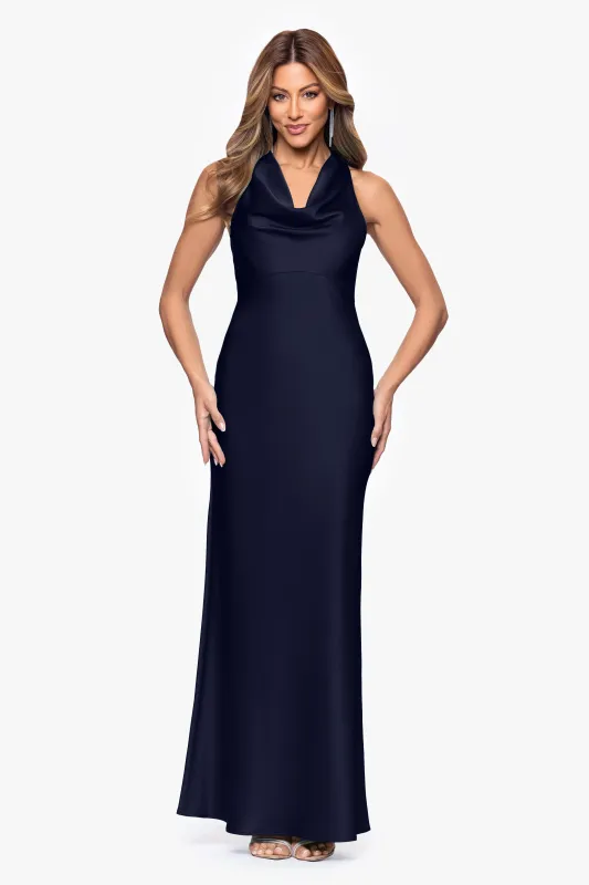 "Veronica" Satin Cowl Neck Floor Length Dress sold by Xscape