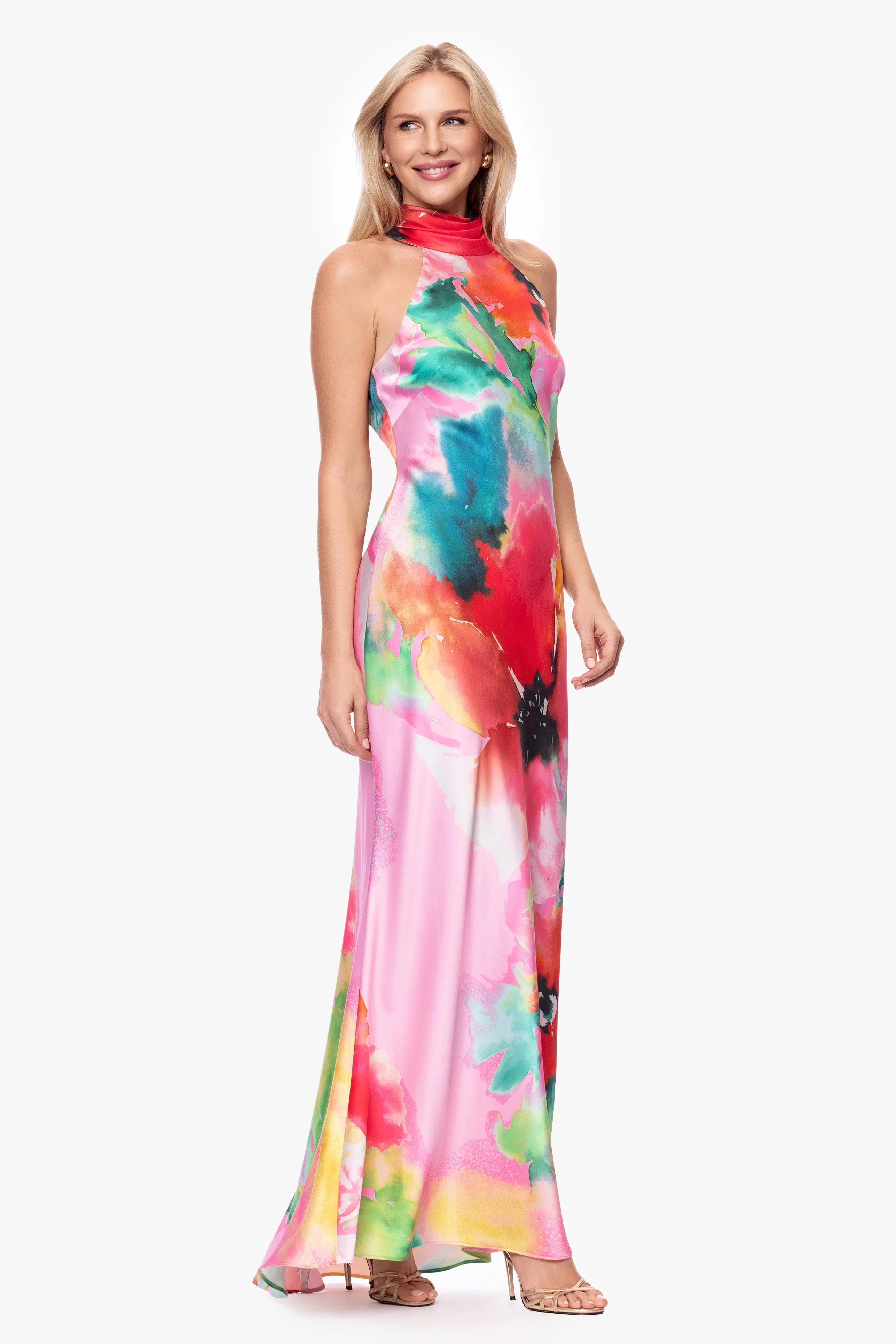 "Poppy" Print Satin Halter Floor Length Dress sold by Xscape product image thumbnail 4